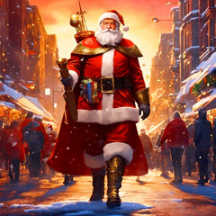 Santa Claus walks down the crowded street of a modern night city 