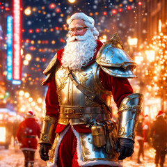 Santa Claus in armour walks down the crowded street of a modern night city 