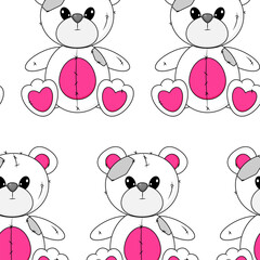 Seamless pattern with Wrong and Raped Teddy Bear toy. White pink Emo Goth background. Gothic aesthetic in y2k, 90s, 00s and 2000s style. Vector art illustration