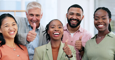 Business people, thumbs up and portrait for success, teamwork celebration and like, winner goals or...