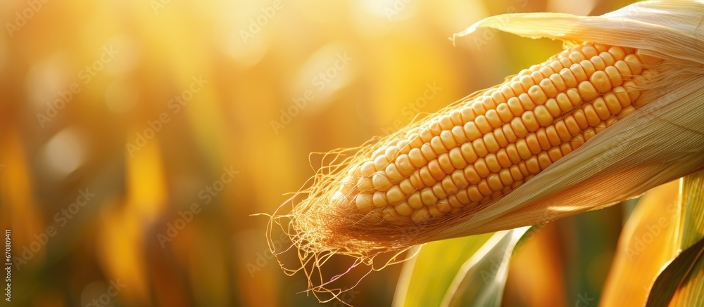 Poster close up of a maize ear on a stalk in a cultivated corn field ready for harvesting with selective fo