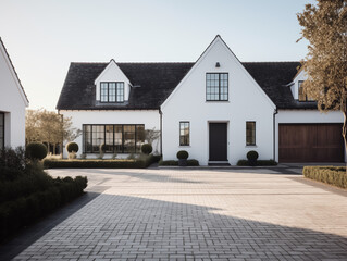 White modern house home beautiful farmhouse cottage transitional classic architecture view of exterior front lawn and paved driveway - obrazy, fototapety, plakaty