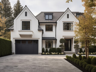 White modern house home beautiful farmhouse cottage transitional classic architecture view of exterior front lawn and paved driveway