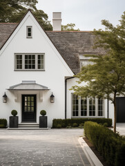 White modern house home beautiful farmhouse cottage transitional classic architecture view of exterior front lawn and paved driveway
