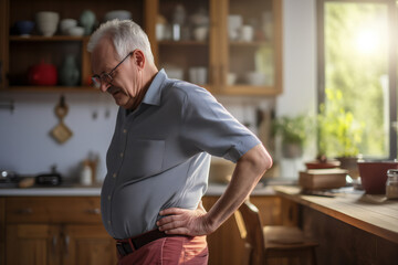 "高齢者の腰痛: 老人が苦痛に顔をしかめる"