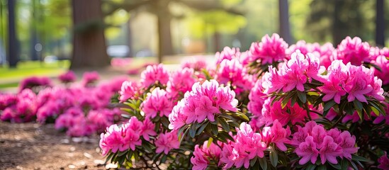 Blooming rhododendrons and azalea bushes ideal garden decor