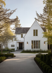 White modern house home beautiful farmhouse cottage transitional classic architecture view of exterior front lawn and paved driveway - obrazy, fototapety, plakaty