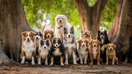A number of well-dressed dogs stand under a large tree and look at the camera.generative ai