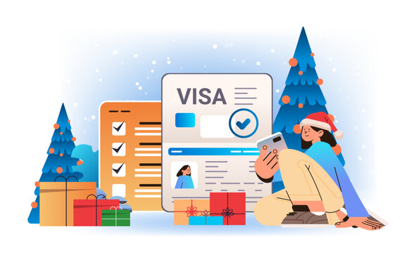 woman traveler in santa hat getting immigration visa document for leaving country vacation trip offer access travel approval