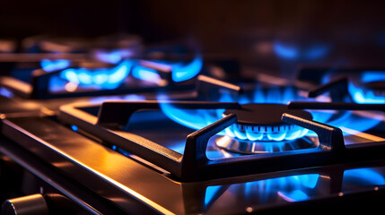Close up shot of blue fire from domestic kitchen stove top. Gas cooker with burning flames of propane gas. Gas supply chain and news. Global gas crisis and price rise. - obrazy, fototapety, plakaty