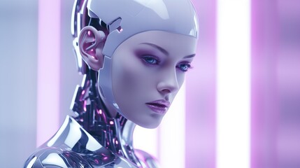 Futuristic female robot cyborg woman with AI. Artificial Intelligence, Science fiction, machine learning.
