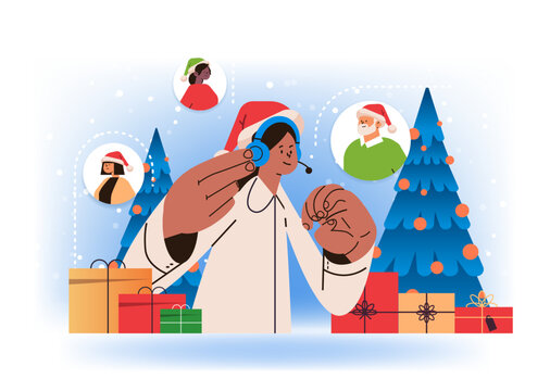 operator in santa hat with headset chatting with clients call center contact customer support service happy new year concept