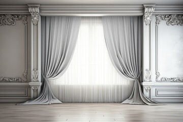 empty room with curtains in the windows. light silver and light gray. 