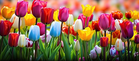 An assortment of vibrant tulips in various colors adorning the field