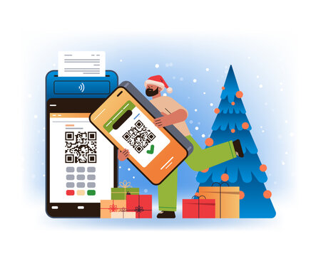 man customer or shopper in santa hat using mobile app with qr code and pos-terminal to make a payment on smartphone online shopping