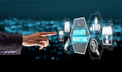 Affiliate marketing concept, Business woman hand touching affiliate marketing icon on virtuals creen on blue bokeh background. - obrazy, fototapety, plakaty