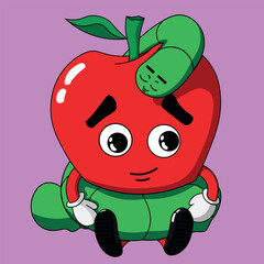 Red apple with a curled worm, for mascot or character.