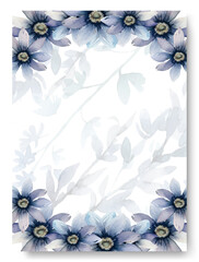 Hand drawn background and blue geranium frame floral design. Rustic wedding card.