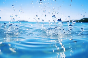 Naklejka na ściany i meble Splash and water splash background with water splashing on the water surface, water splash isolated on blue background