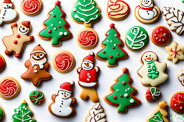 They are cookies made on winter Christmas.  Christmas tree cookies, snowman cookies, gingerbread man cookies, and Santa cookies are beautifully decorated. Generative AI.