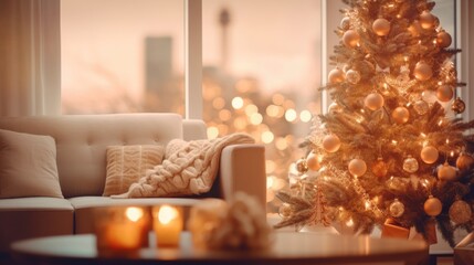 Blurred beautiful interior of a living room decorated for christmas background.