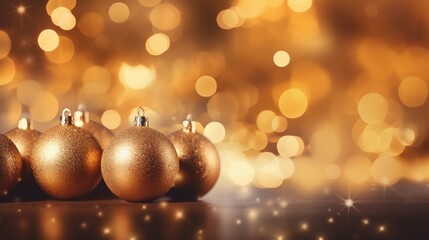 Beautiful christmas decoration with golden balls and christmas lights background.