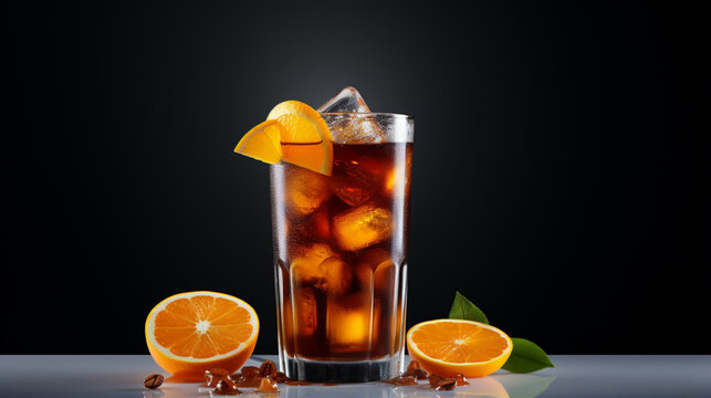 Orange Americano cold brew with balck background and spotlight for advertise and presentation in front view. Created using generative AI.