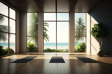 Fototapeta premium An at home studio for yoga and meditation in a luxury modern home overlooking the ocean. The perfect place for physical and mental health.
