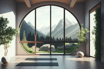 panoramic yoga studio with mountains. yoga room interior. The perfect place for physical and mental health.