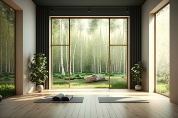 panoramic yoga studio with forest. Top view of stylish yoga room. Yoga studio interior with windows, plants and unrolled mat
