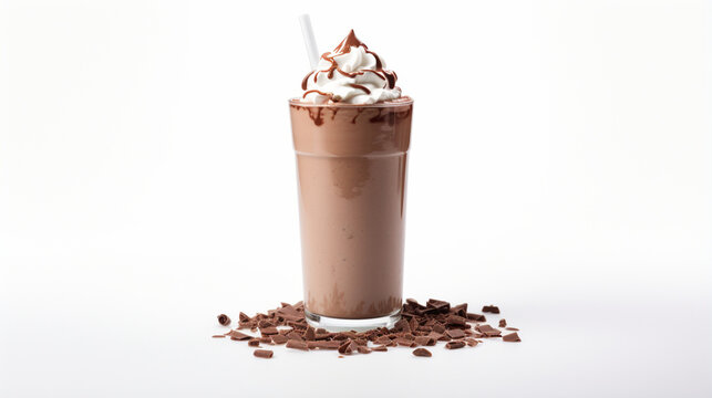 Chocolate milkshake with cocoa bean with white background and warm light for product presentation in front view. Created using generative AI.