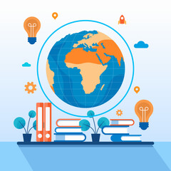 Global education illustration. globe, book, light bulb icon vector.