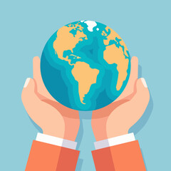 Hand holding earth flat design. environmental vector illustration.