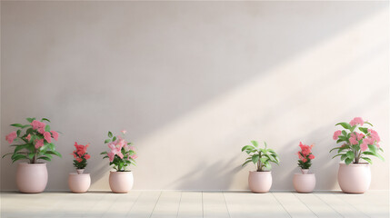 Fototapeta na wymiar plain wall interior with plant or flower in pot on the edge of the wall