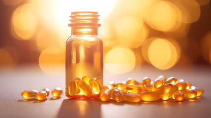 Vitamin D capsules tablets in sunshine, sunlight. Omega 3 fish oil capsules and a glass bottle golden bokeh web banner background.