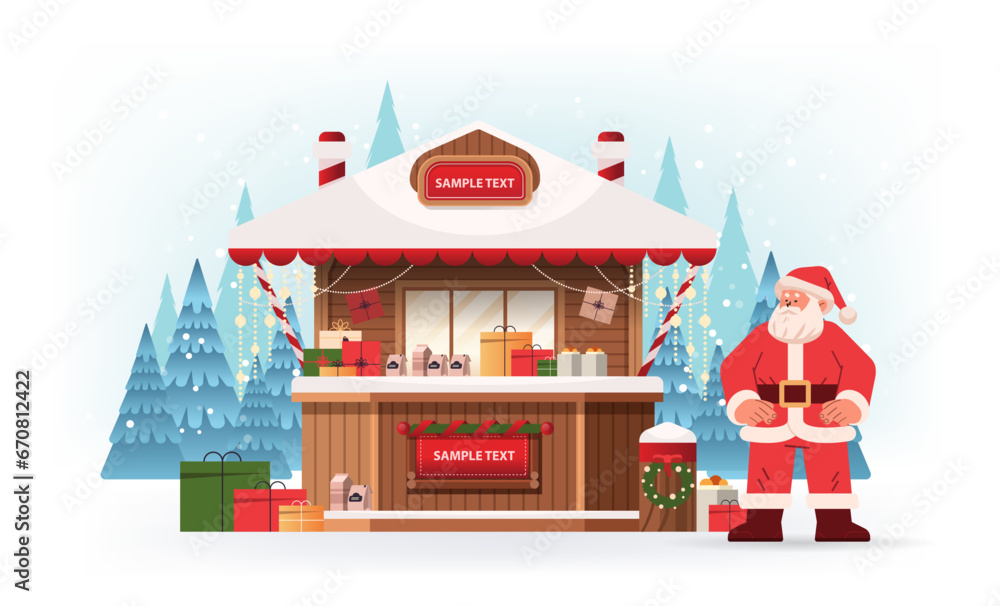 Wall mural santa claus in red costume near christmas eve holiday house happy new year celebration template horizontal