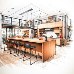 An artistic portrayal of a modern kitchen with a stylish bar counter, a blend of creativity and...