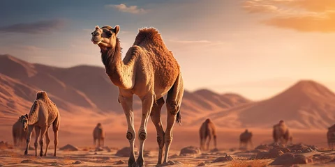 Foto op Plexiglas camel is walking in desert, generative AI © VALUEINVESTOR
