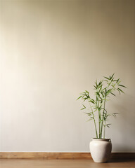 plain wall interior with bamboo plant  in pot on the edge of the wall