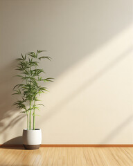 plain wall interior with bamboo plant  in pot on the edge of the wall