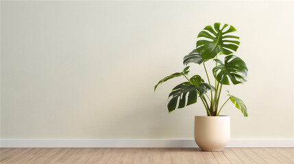 plain wall interior with Monstera Andasonii Variegata flower in pot on the edge of the wall