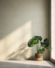 plain wall interior with Monstera Andasonii Variegata flower in pot on the edge of the wall