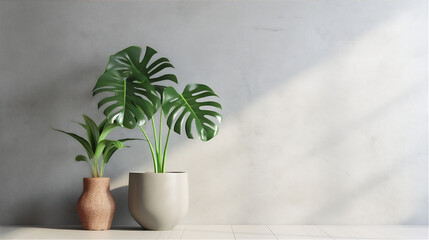 plain wall interior with Monstera Andasonii Variegata flower in pot on the edge of the wall