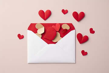 Envelope with paper hearts on pink background. Valentine's day concept. 3D Rendering, love letter envelope with paper craft hearts, AI Generated