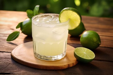 A tantalizing Paloma cocktail with a lime garnish on a rustic wooden table in the soft glow of evening