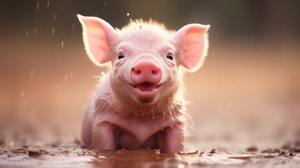 Pure joy of a baby piglet all dirty from splashing around in wet mud pool, adorable happy face smiling with large pink ears and cute snout, domestic animal farm closeup portrait.