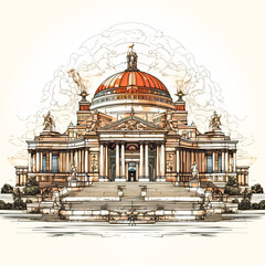 Fototapeta na wymiar A watercolor representation of an old Greek style temple, echoing the grandeur of the past