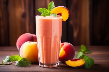 Fototapeta premium Freshly Blended Nectarine Smoothie Served with a Mint Leaf and a Striped Straw on a Wooden Table