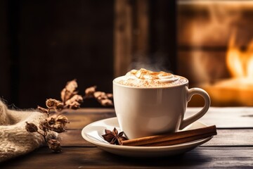 A comforting cup of hot vanilla topped with whipped cream and cinnamon in a warm and inviting setting