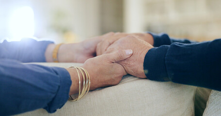 Retirement, holding hands or old couple with support, trust or hope in marriage commitment at home....